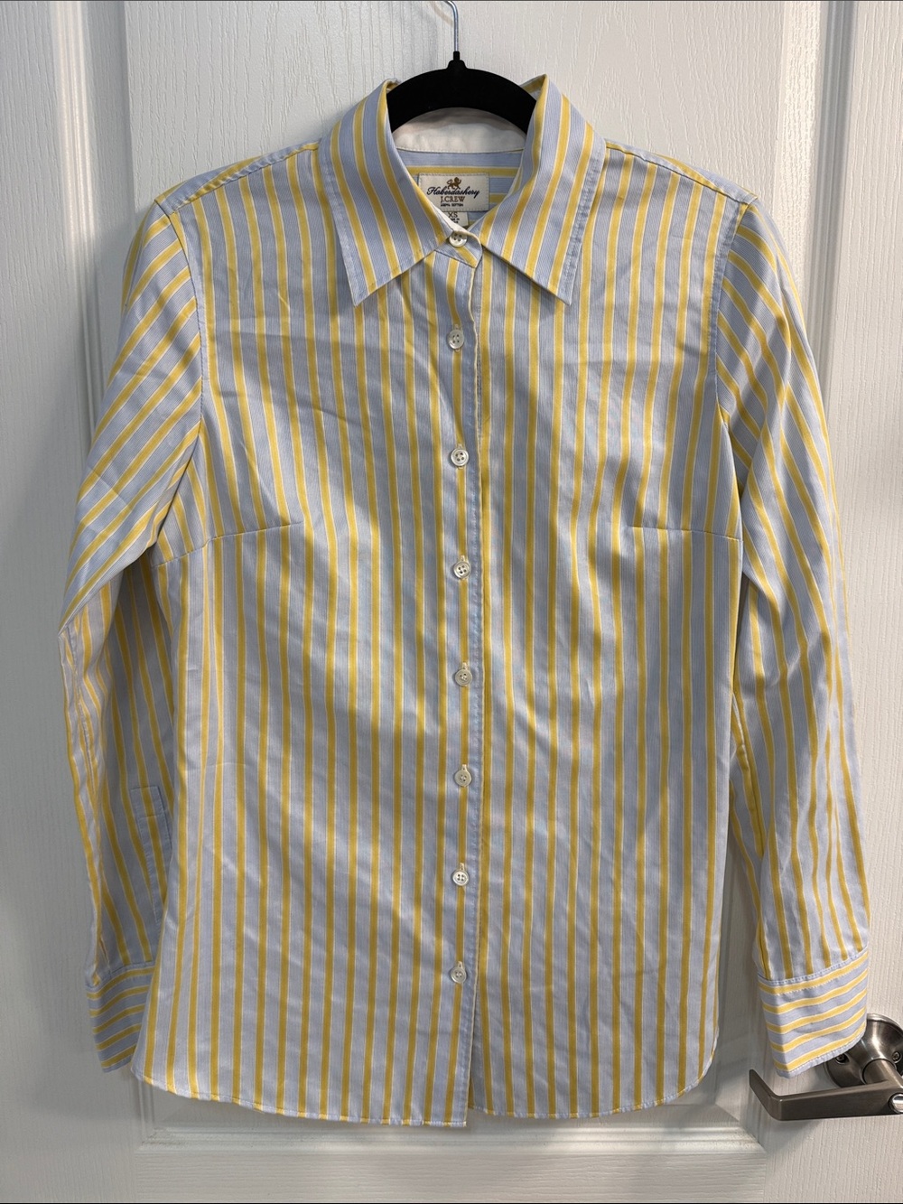 J. Crew Haberdashery Yellow and Blue Vertical Striped Button-Up Blouse-Preppy